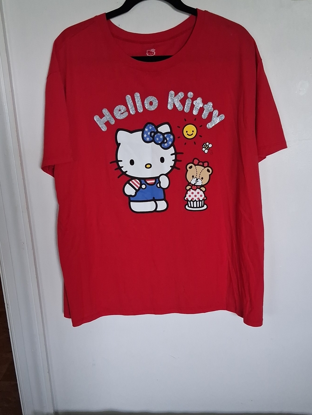 Hello Kitty Red Short Sleeve Tee with Glitter Logo and Character Print